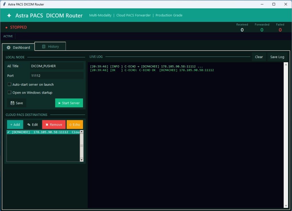DICOM Router — Cloud PACS forwarder with live routing log
